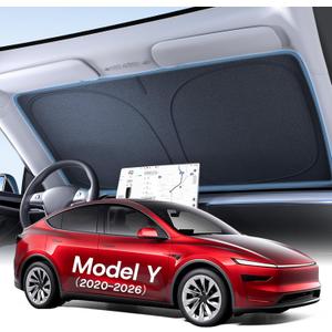 Upgraded Windshield Sunshade for Tesla Model Y 2020-2026 [100% Sun Blockage & Plush Cotton-Linen Fabric] Foldable Heat Insulation Front Sun Shade Seamless Fit Tesla Model Y (Juniper) Accessories