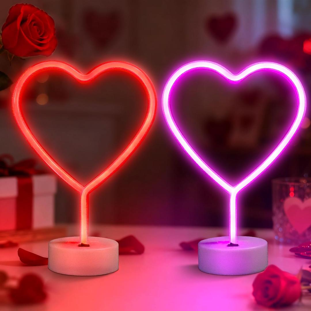 [Timer] Valentines Day Decorations, 2 Pack Heart Neon Signs Valentines Day Decor, USB & Battery Operated Valentines Decor Red Pink Neon Lights, Valentines Day Decorations for Home Table Party Room