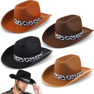 4 Pcs Classic Western Cowboy Hat for Small Head Wide Brim Felt Cowboy Hat Bulk Cow Print Strap Cowgirl Hat for Cowboy Cowgirl Party