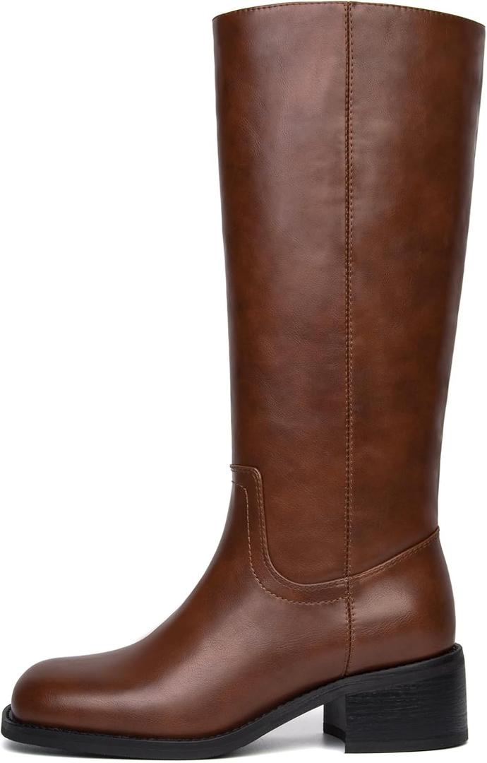 Knee High Boots Women Square Toe Chunky Block Heel Banana Campus Boot Wide Calf Comfortable Low Heel Riding Long Boots (7, Brown)