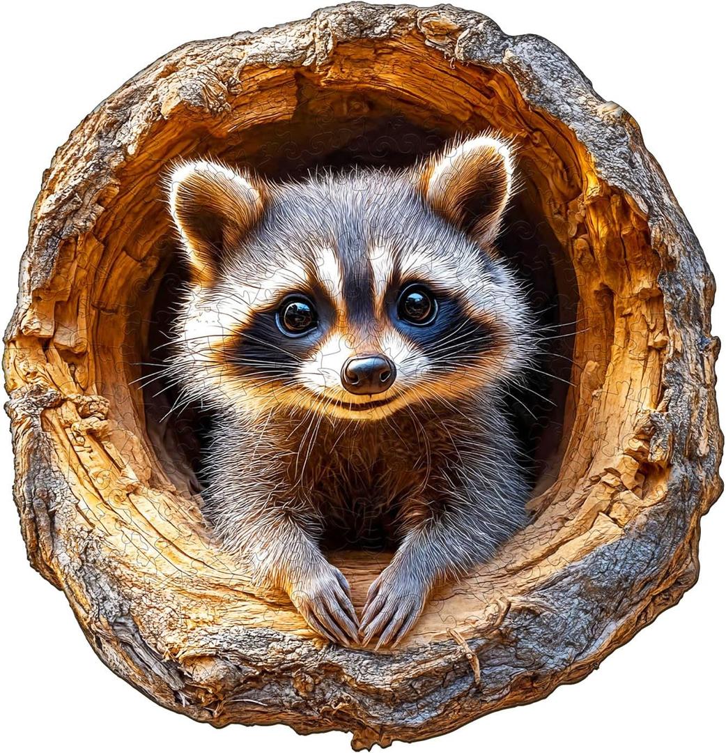 Wooden Jigsaw Puzzles, Tree Hole Raccoon Wooden Puzzles for Adults with Unique Shape, Adult Jigsaw Puzzle, Birthday Gifts for Adults, 8.5"x8.2" - 100pcs
