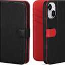 VISOUL Real Leather Wallet Case for iPhone 15, Pebbled Leather Magnetic Folio Case with Card Holder Kickstand Shockproof Phone Cover Designed for iPhone 15 (6.1 inch)-Black+Red