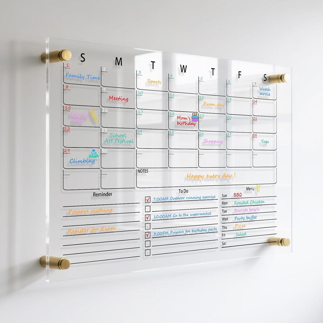 IJIJIJ- 2416 Clear Acrylic Calendar for Wall, Acrylic Wall Calendar Dry Erase Board, Reusable Monthly Whiteboard, Family Planner for Wall with 8-Color Markers, Perfect for Home, Office & Classroom (Medium-24*16in)