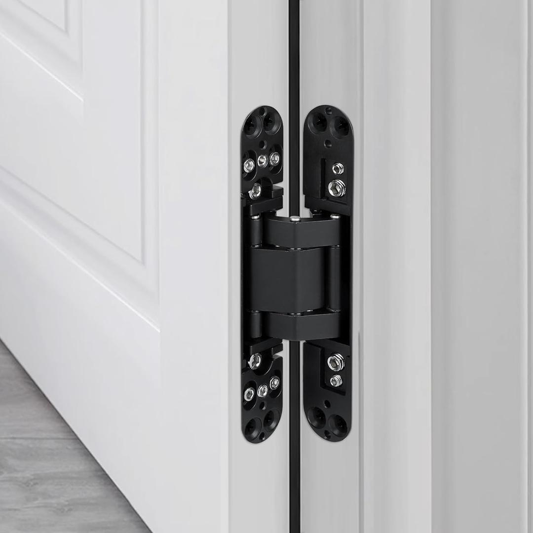Alise Hidden Door Hinges, Invisible Concealed Wooden Door Hinge Silent Cross Folding Gate Hinges, 6'' Heavy Duty 180 Degree Swing Hinges 3-Way Adjustable Butt Hidden Hinge for Doors, Black, 1 Pair