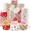 Grencian 120PCS Christmas Snack Cups 12 oz Christmas Disposable Ice Cream Cups Xmas Dessert Treat Paper Bowls Snowflake Striped Polka Spots Decorative Paper Bowl for Xmas Winter Holiday Party Supplies