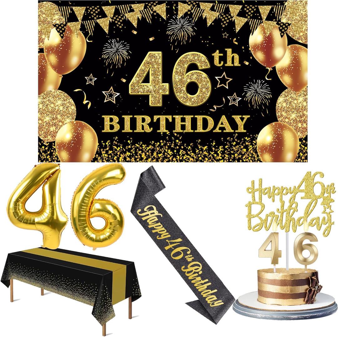 46th Birthday Decorations Men Women with 46th Birthday Banner, Black and Gold Table Cloth, Number Balloons, Large Sash, Cake Topper and Candles