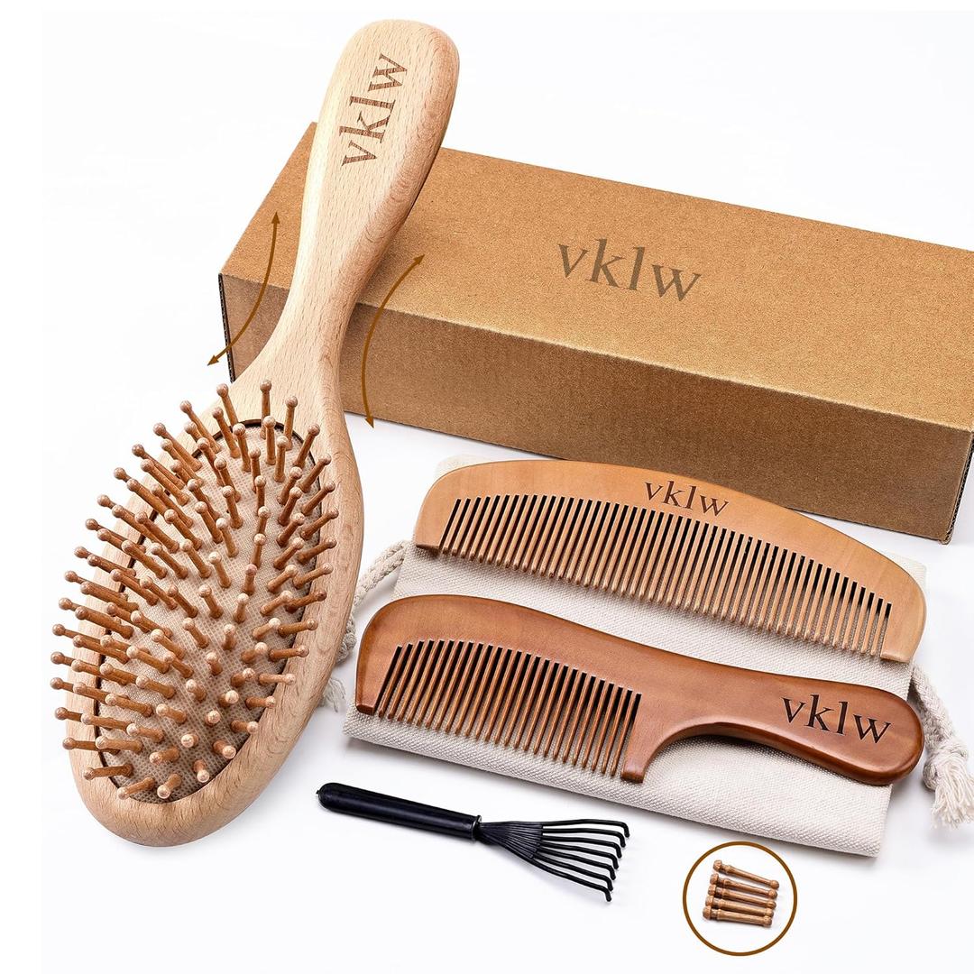 Wooden Hair Brush and Comb, One-piece Design, Reduce Frizz and Static, Massage Scalp, Detangling Paddle Hairbrush for Women, Girls, Kids, Includes Cleaning Claw, 5 Wood Bristles