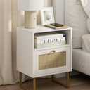 Masupu Rattan Nightstand,Modern Boho Farmhouse Wood Bedside Table with Storage Drawer and Open Shelf,Small Gold Frame Side End Table for Bedroom,Living Room,Office(White)