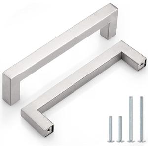 Probrico (10 Pack) 5 inch Holes Centers Square Kitchen Cabinet Handles Stainless Steel Cabinet Drawer Handles Brushed Nickel Euro Bar Pulls 5-1/2 inch Total Length