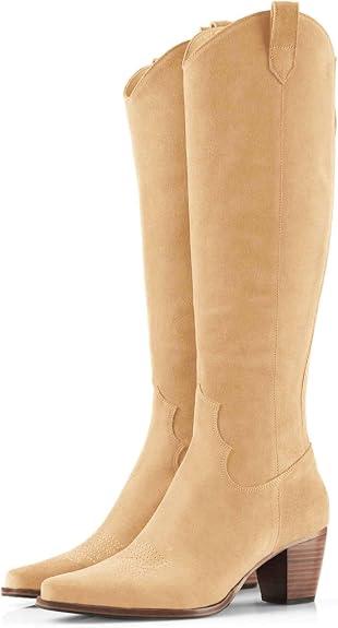 Women Cowboy Knee High Boots Suede Chunky Block Heel Square Toe Tall Riding Boots Khaki 8.5