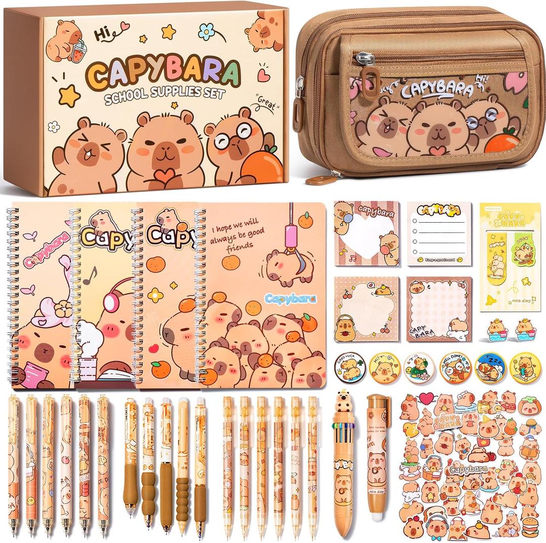 Kid School Supplies for Girl Age 5 6 7 8-12 13 14 Year Old, 36PCS Kawaii Tween Teen Girl Birthday Easter Gift Cute Capybara Stationery Set w/Pencil Case Gel Pen Pencil Sticker Notebook Sticky Note