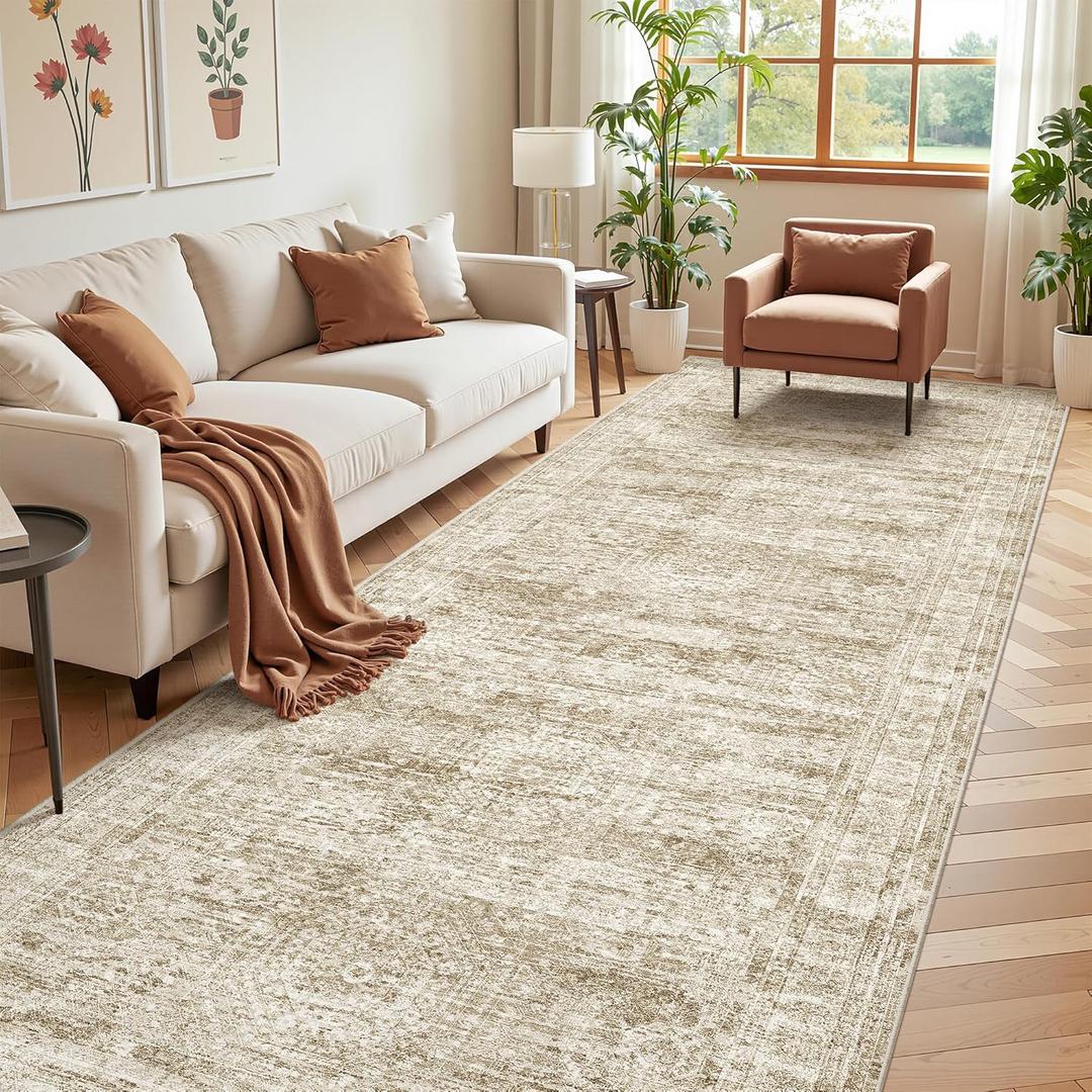 4x12 Runner Rug for Hallway, Low-Pile Wide Runner for Entryway, Long Washable Non-Slip Kitchen Rug, Soft Modern Home Decor Mat for Living, Laundry Room(4'x12', Brown/Ivory)