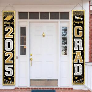 Jansun 2025 Black Gold Graduation Banner Party Decoration Class of 2025 Porch Sign Graduation Congrats Grad Black Gold Photograph Banner Door Hanging for High School College Graduation Party