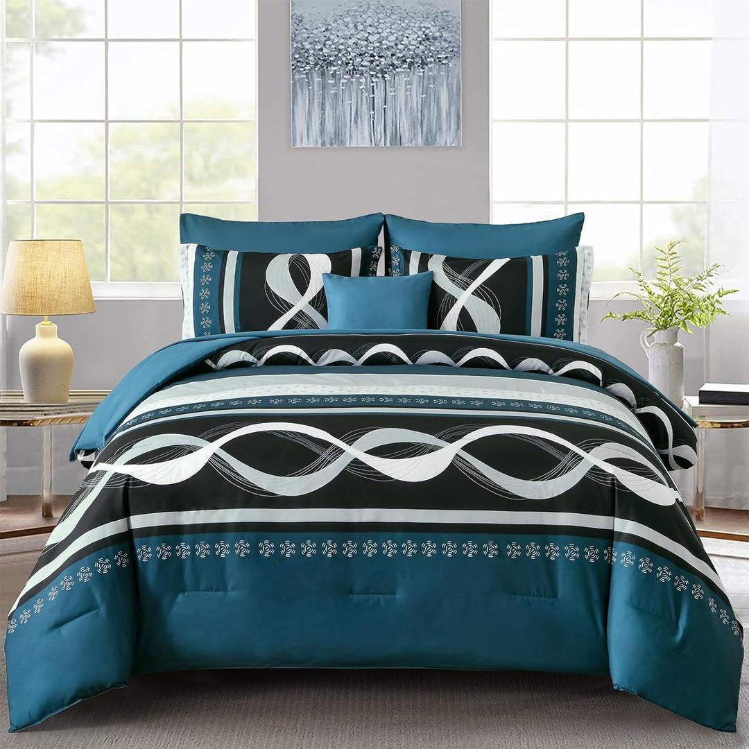 Anibedding Comforter Set Queen Size, 8 Piece Teal Boho Bed in a Bag, Striped Patchwork Comforter Bedding Set for All Season(90"90")