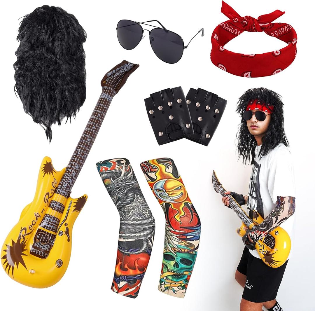 Halloween 80s Rocker Costume Set for Men Hippie Wig Tattoo Sleeve Gloves Headband Inflatable Guitar Punk Props Accessories(red)