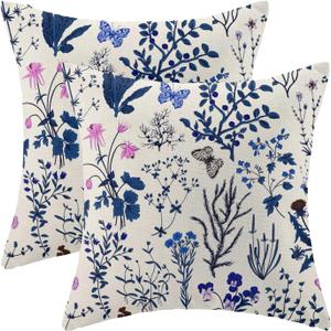AEIOAE Summer Pillow Covers 20x20 Inch Set of 2,Navy Blue Wild Flower Plant Throw Pillows Case,Seasonal Floral Outdoor Decorative Square Linen Farmhouse Decor Cushion Covers for Home Sofa Bed Couch