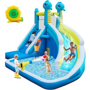 Seahorse Inflatable Water Slide for Kids Backyard | 5-in-1 Blow Up Splash Park with Climbing Wall, WaterSlide, Water Cannon, Basketball Hoop & 480W Blower| Indoor/Outdoor Toys for Ages 3+, 12ft