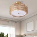 13.6" Boho Light Fixtures Flush Mount, 3-Light Rattan Ceiling Light Fixtures Flush Mount Gold for Bedroom, Flower-Shaped Close to Ceiling Light Fixture for Hallway Kitchen Dining Room(Yellow)