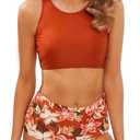 Women's High Waisted Bikini Set Two Piece Swimsuit High Neck Bathing Suit Full Coverage Tummy Control Tankini (Medium, Red Bikini)