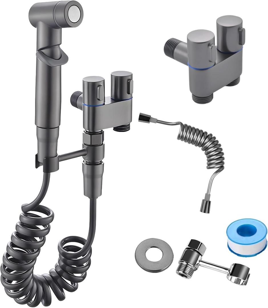 Handheld Bidet Sprayer for Toilet,1-In-2-Out Dual Control Valve,Mini Toilet Faucet Sprayer Kit Butt Washer,Hand Shower Bidet Attachment for Washing Machine and Toilet (Grey) (Gray)