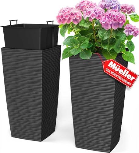 Mueller M-Resin Heavy Duty Tall Planters for Outdoor Plants, Indoor Grande Plant Pots, Boxes, Trees, Flower Pots, 2-Piece Set, 24”, Modern Design, Built-in Drainage, Front Porch Decor, Dark Gray