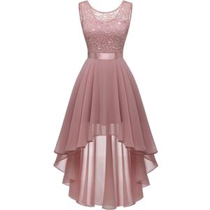 BeryLove Sequin Wedding Guest Formal Cocktail Dresses Prom Party Lace High Low Bridesmaid Elegant Dress (Pink, XXL)