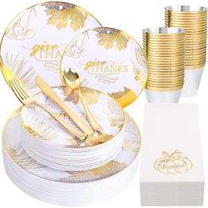 Nervure 175PCS Thanksgiving Plastic Plates - Disposable Fall Dinnerware Set - White and Gold Plates with Maple Leaves Include 50Plates, 75Silverware, 25Cups, 25Napkins for Thanksgiving Party