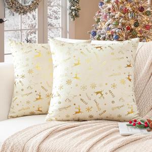Ohok Set of 2 Christmas Velvet Pillow Covers Hot Foil Stamping Pattern Throw Pillow Covers for Farmhouse Home Decor Sofa Couch Bed Bedroom Living Room (Gold Elk Beige, 16x16-Inch)