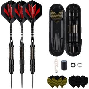 Steel Tip Darts Set for Dartboard, Professional Brass Darts Metal Tip Black Purple Aluminium Nylon Shafts 9 Flights 50 Rubber O-Rings 12 Spring Rings 1 Dart Sharpener Tool 24/27 Grams