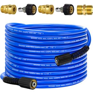 Pressure Power Washer Hose 50 FT x 1/4", Super Flexible Kink Resistant Car Washer Replacement with M22 Fittings & 3/8" Quick Connect Adapters for Ryobi Troy Bilt Flexzilla Greenworks & More, 4200PSI