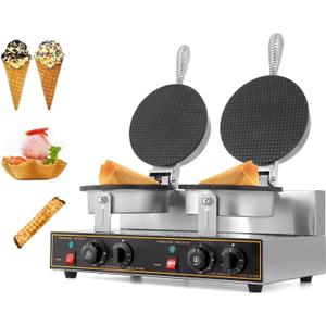 Commercial Ice Cream Cone Maker, 1200W+1200W Double Head Waffle Cone Egg Roll Maker Machine with Intelligent Temperature & Time Control, Stainless Steel Body, Nonstick Mold for Restaurant Home