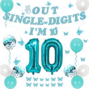 Holkcog 10th Birthday Decorations for Girls Teal, Double Digit Party Backdrop, 10 Year Old Girls Happy Birthday Balloons Butterflies, Peace Out Single Digits Tenth Party Supplies