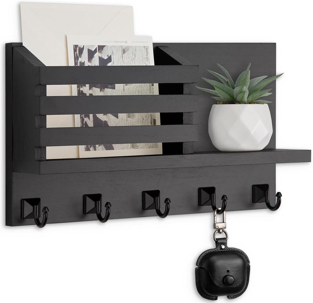 Key Holder Wall Mount, Mail Organizer for Wall with 5 Square Rustic Key Hooks Key Shelf Farmhouse Home Decor for Entryway, Black