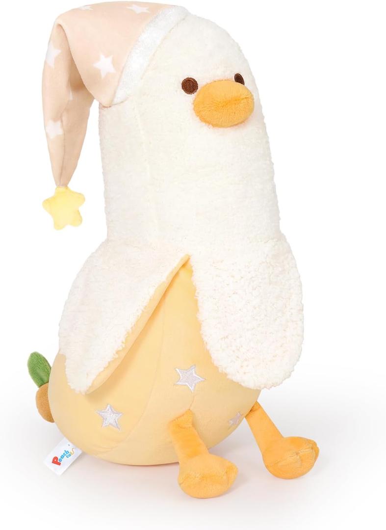 PEACH CAT Banana Duck Plush Pillow Wear Long Star Nighcap Plushies Toy Cute Stuffed Animals Gifts for Kids White and Yellow 19.7"