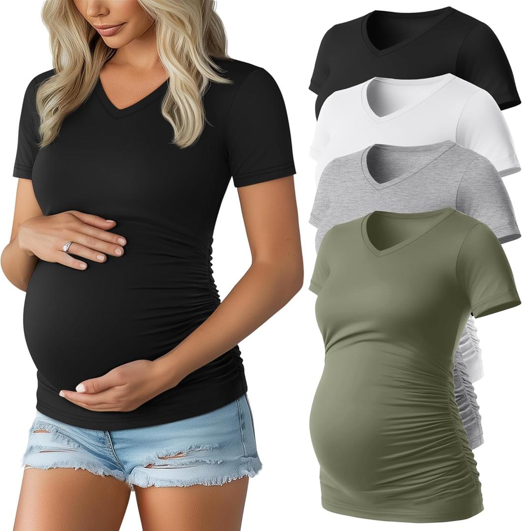 Huukeay 4 Pack Women's Maternity Shirts, V Neck Maternity Top Short Sleeve Casual Cotton Tee Side Ruched Pregnancy Clothes (Medium, Black, Army Green, Light Gray, White)