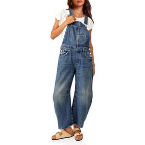 PLNOTME Womens Denim Bib Overalls Barrel Leg Adjustable Strap Jean Pants Jumpsuits with Pockets (Blue, M)