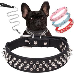 Spiked Dog Collar Soft Pu Leather Mushrooms Rivet Spike Studded Puppy Adjustable Pet Collars for Small Breeds (L, Black Set)