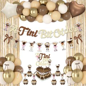 A Tini Bit Older Birthday Decorations, Gold Brown Glitter Tiny Bit Older Banner Balloon Garland Cake Toppers Bows Fringe Curtain for Girls Women Espresso Martini Bar Bachelorette Party Decor Supplies, Brown
