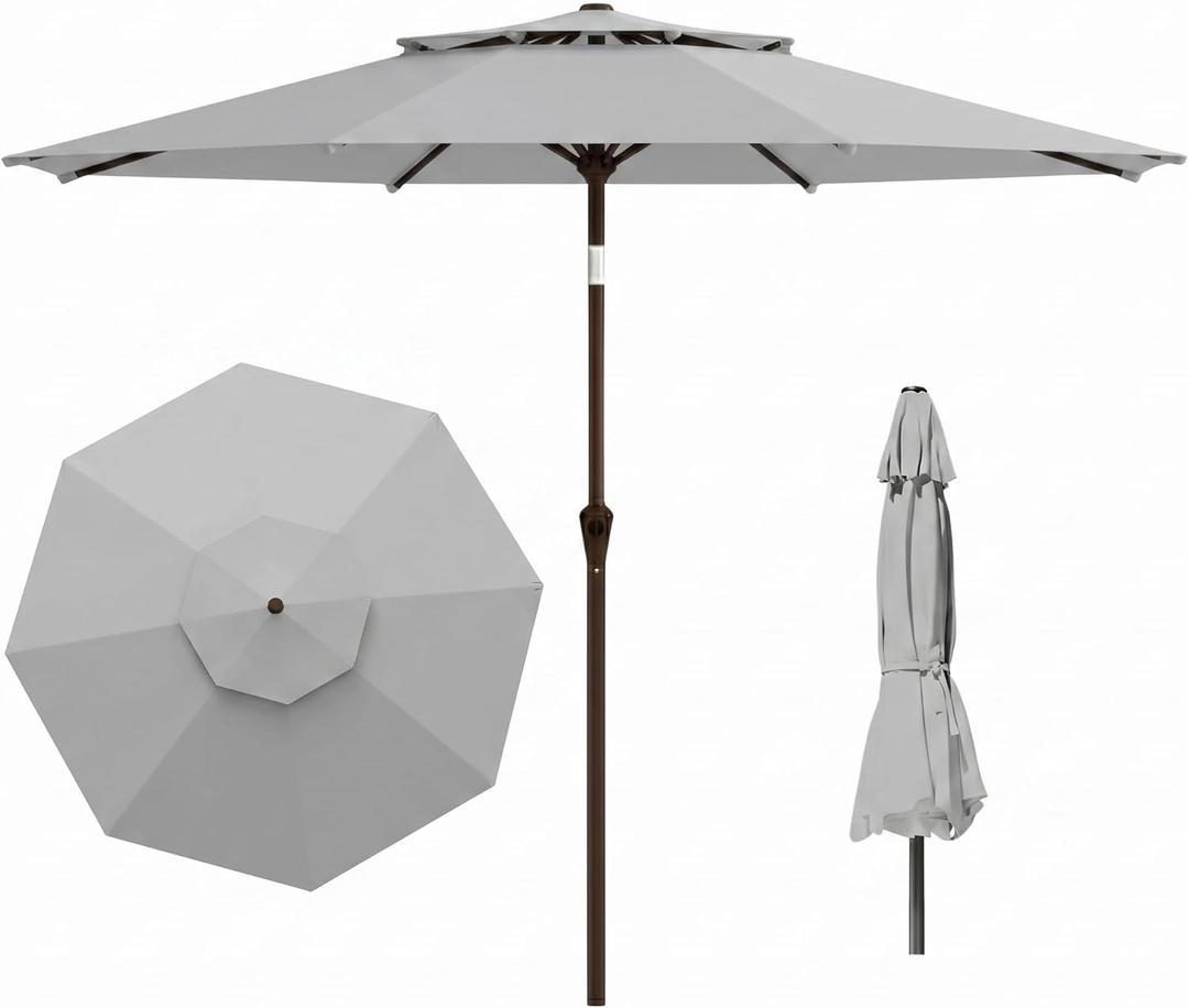 Tobeos 10 FT Outdoor Patio Umbrella, 2 Tiers Market Table Umbrella with 8 Sturdy Ribs, Push Button Tilt and Crank, UPF50+ UV Protection for Deck, Pool, Garden and Backyard, Light Gray