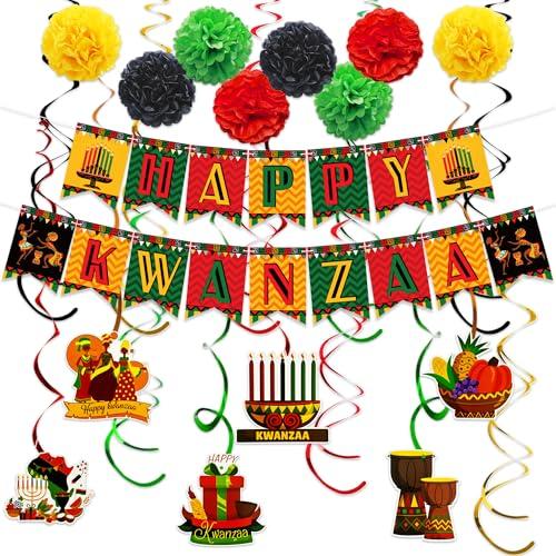 Happy Kwanzaa Party Hanging Decorations - Swirl Decor Kit with Pom Poms & Banner