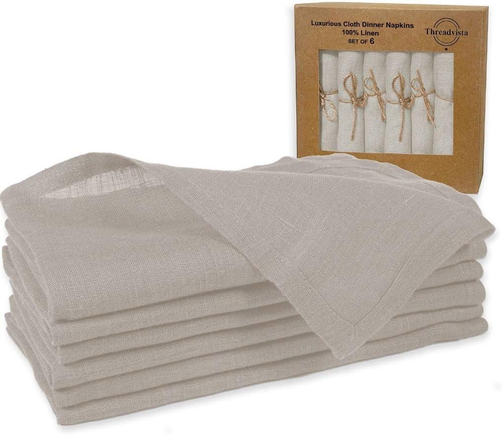 100% Pure Linen Cloth Napkins Set of 6-18x18 Premium Washable Dinner Napkins in Kraft Gift Box - Rustic Elegant Table Decor for Weddings, Holidays & Everyday (Natural)