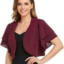 Women Short Sleeve Shrug Cropped Bolero Open Front Chiffon Cardigan for Evening Dress, Size S, Deep Wine Red
