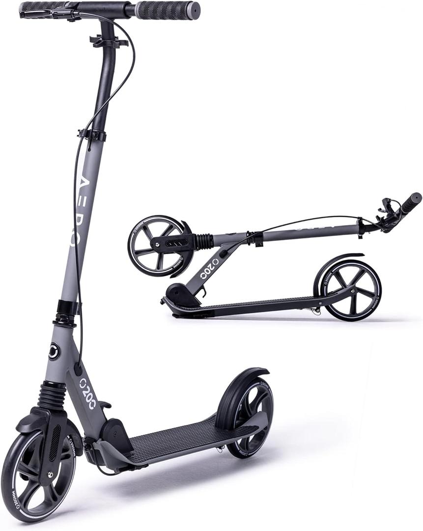 Aero Big Wheels Kick Scooter for Kids 8-12, Teens & Adults | Hand Brake, Rubber Deck Mat & Shock Absorption | Foldable & Height Adjustable