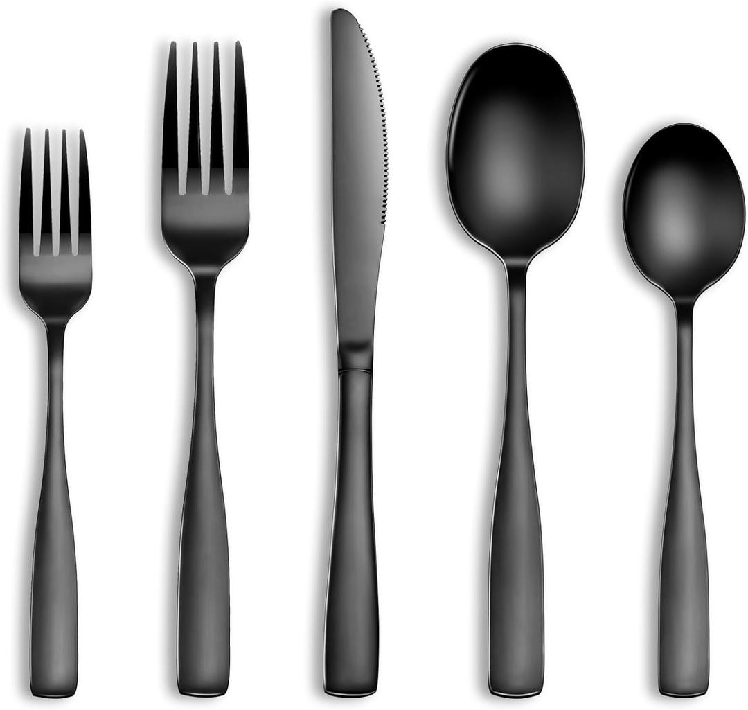 20 Pcs Black Silverware Set, Food-Grade Stainless Steel Flatware Set for 4, Square Cutlery Set, Mirror Polished Tableware Eating Utensils Set for Kitchen, Include Knife Fork Spoon Set,Dishwasher Safe (Square Handle 20 Pieces)
