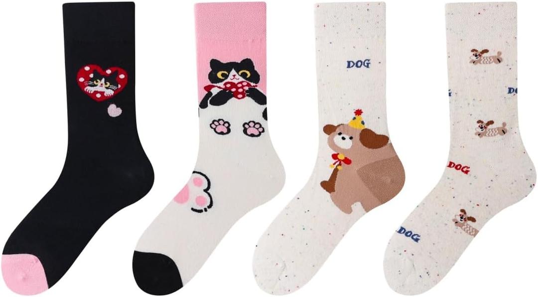 Cute Animal Print, Personality AB Mid-Crew Socks for Adults - Soft, Breathable Unisex Casual Socks,Cat and Dog (2 Pairs)