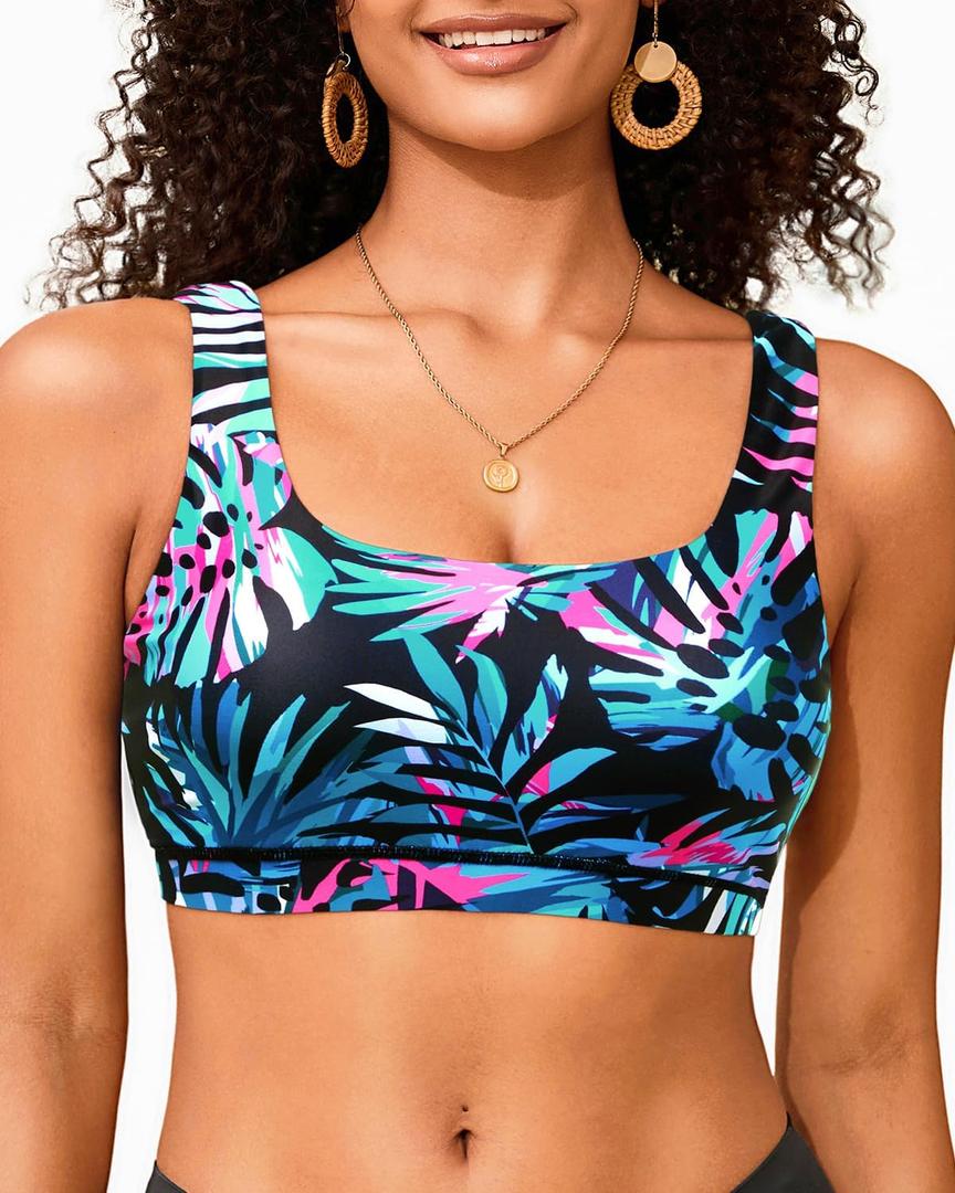 Women Sport Bra Swimsuit Top - Swim Bra Bikini Top Only Scoop Neck Bathing Top 2025 Swimwear (Small, Blue Leaves)