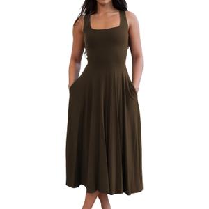 FairBeauty Women's Square Neck Casual Sleeveless Long Dress Stretchy Summer Sundress with Pockets (Brown, S)