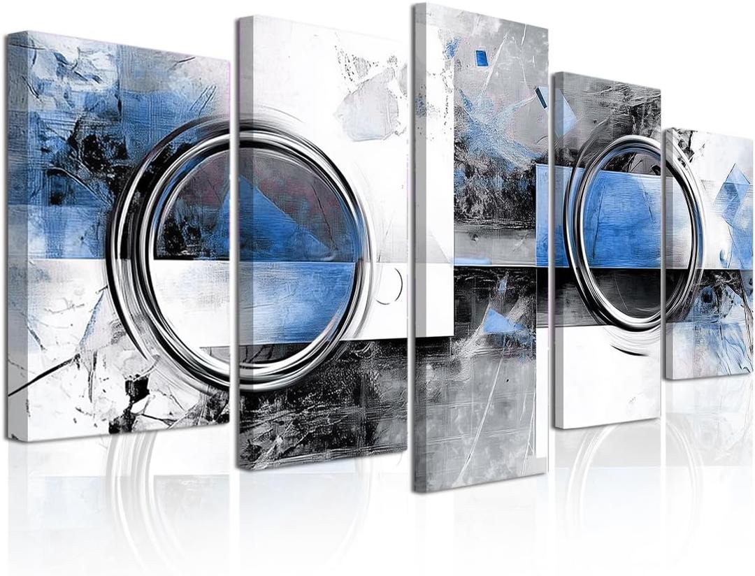 CXHOSTENT Blue Abstract Wall Decor 5 Pieces Blue Grey and Black Picture Prints Large Abstract Canvas Wall Art Painting Modern Artwork for Home Decor Framed (White, 8x14inx2 8x18inx2 8x22inx1)