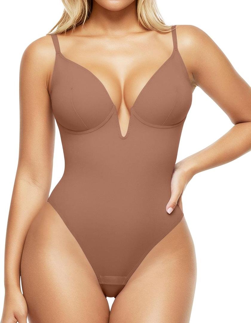 Popilush Shapewear Bodysuits for Women - Tummy Control Body Suits for Womens Deep V Corset Tops Thong Concert Outfits (M(4-6), Light Brown)