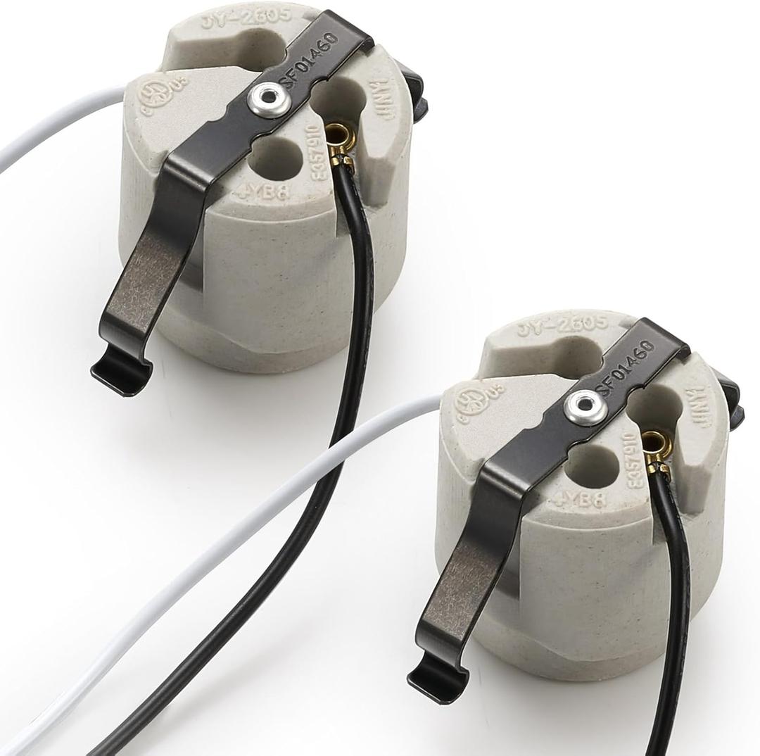 2 Pack U Clip Porcelain Socket, Medium Base E26 Snap in Keyless Ceramic Socket with 6" Black White Dual Wires, 660W 600V for Fixture Lighting